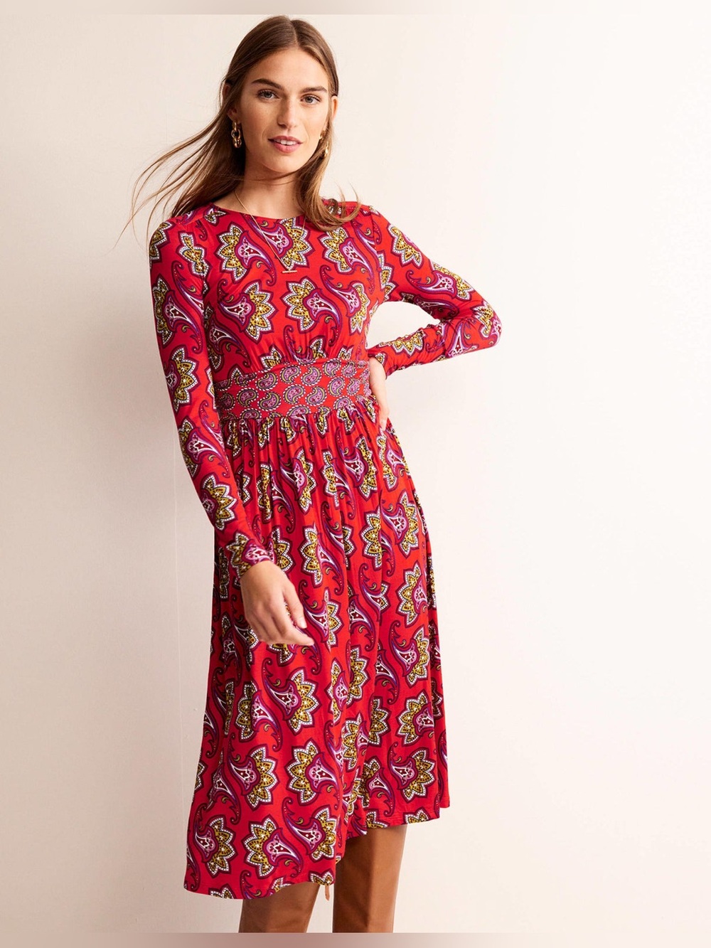 BODEN  $130 Thea Red Paisley Amaryllis Jersey Knit Midi Dress US 4R #120